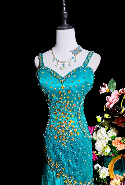 Chic Blue Prom Dress Beaded Tulle Evening Dress Sheath Birthday Dress DP05173