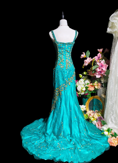 Chic Blue Prom Dress Beaded Tulle Evening Dress Sheath Birthday Dress DP05173