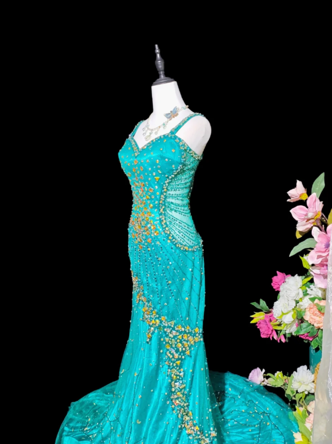 Chic Blue Prom Dress Beaded Tulle Evening Dress Sheath Birthday Dress DP05173