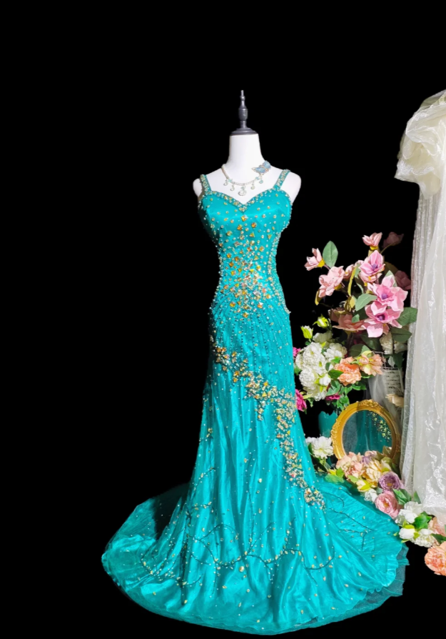 Chic Blue Prom Dress Beaded Tulle Evening Dress Sheath Birthday Dress DP05173