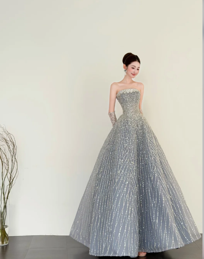 Chic Gray Prom Dress Tulle Strapless Evening Dress A-line Birthday Dress DP05181