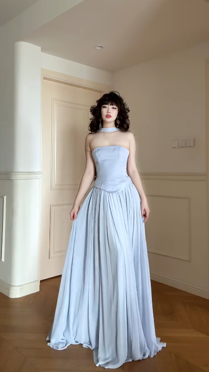 Chic Light Blue Prom Dress Chiffon Strapless Evening Dress Sheath Birthday Dress DP05189