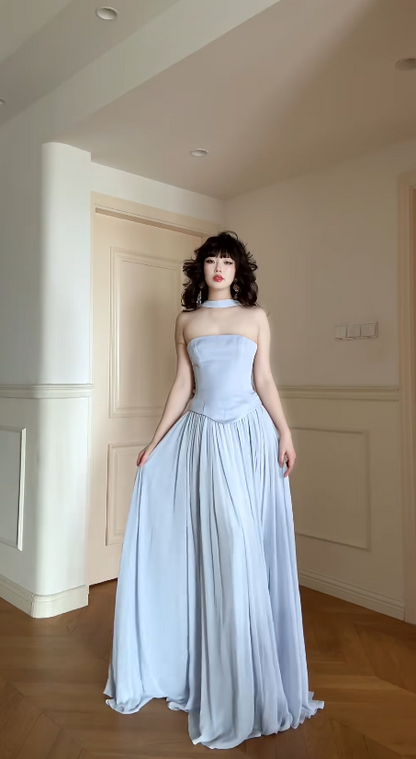 Chic Light Blue Prom Dress Chiffon Strapless Evening Dress Sheath Birthday Dress DP05189