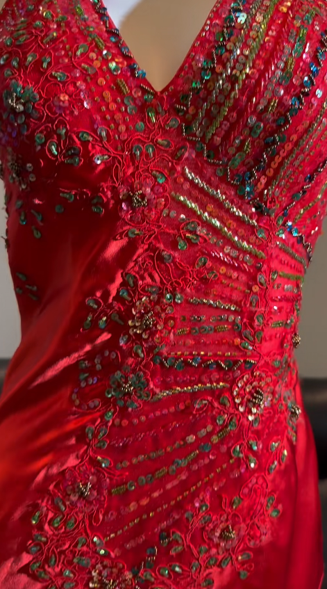 Chic Red Prom Dress Satin Beaded Halter Evening Dress Sheath Birthday Dress DP05191