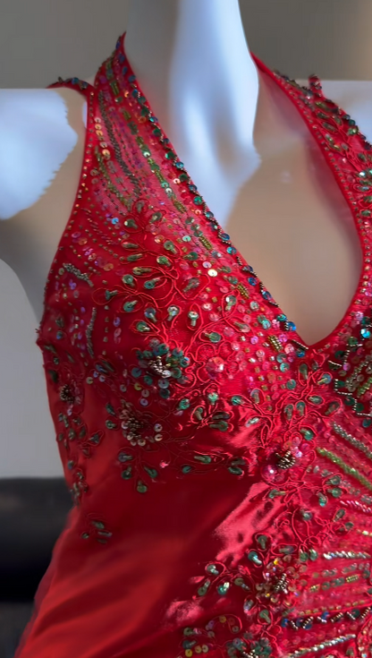 Chic Red Prom Dress Satin Beaded Halter Evening Dress Sheath Birthday Dress DP05191