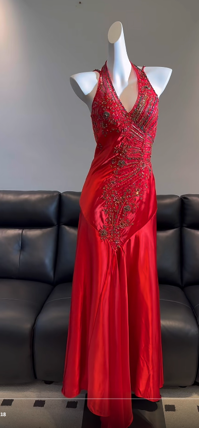 Chic Red Prom Dress Satin Beaded Halter Evening Dress Sheath Birthday Dress DP05191