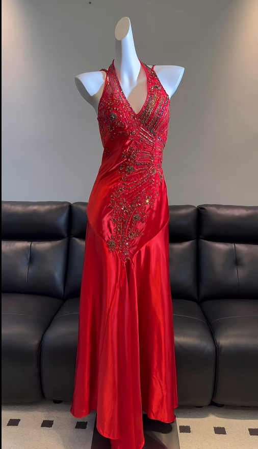 Chic Red Prom Dress Satin Beaded Halter Evening Dress Sheath Birthday Dress DP05191
