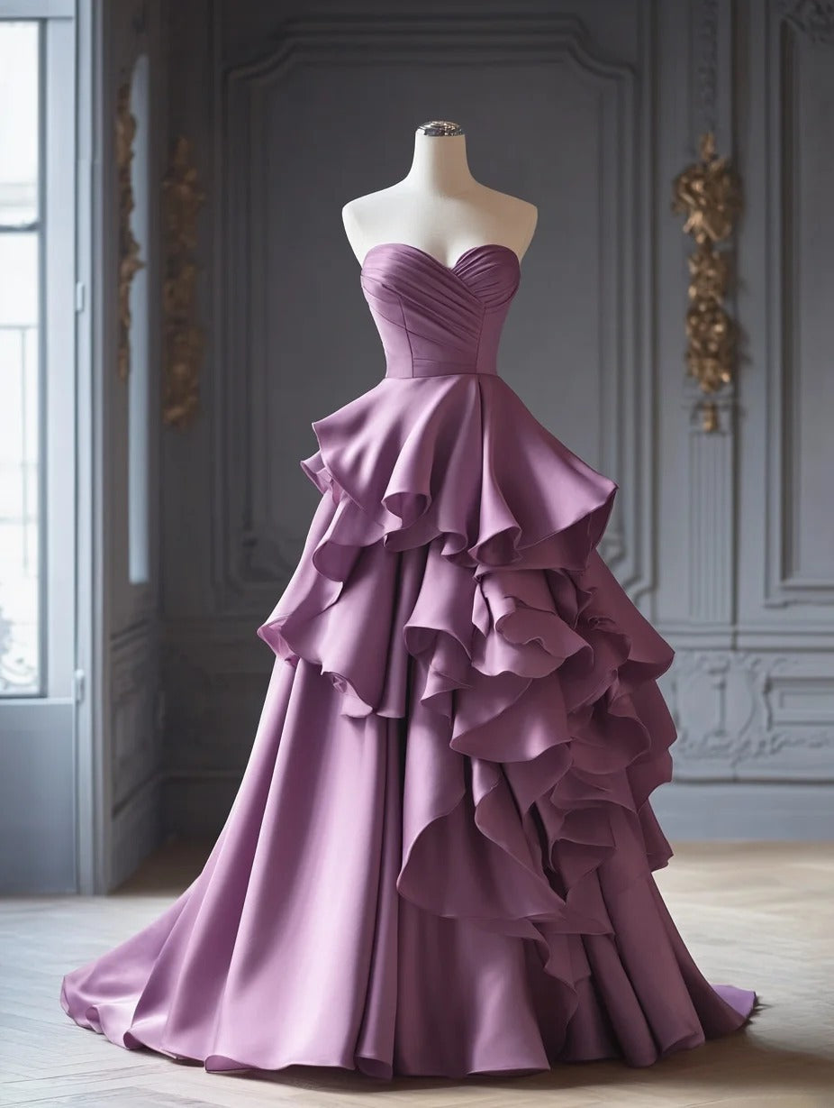 Chic Purple Prom Dress Satin Sweetheart Evening Dress A-Line Birthday Dress DP05195