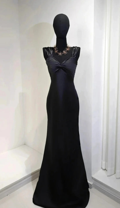 Chic Black Prom Dress Satin Straps Evening Dress Sheath Birthday Dress DP05197