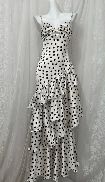 Chic Polka Dot Prom Dress Satin Spaghetti Straps Evening Dress Sheath Birthday Dress DP05200