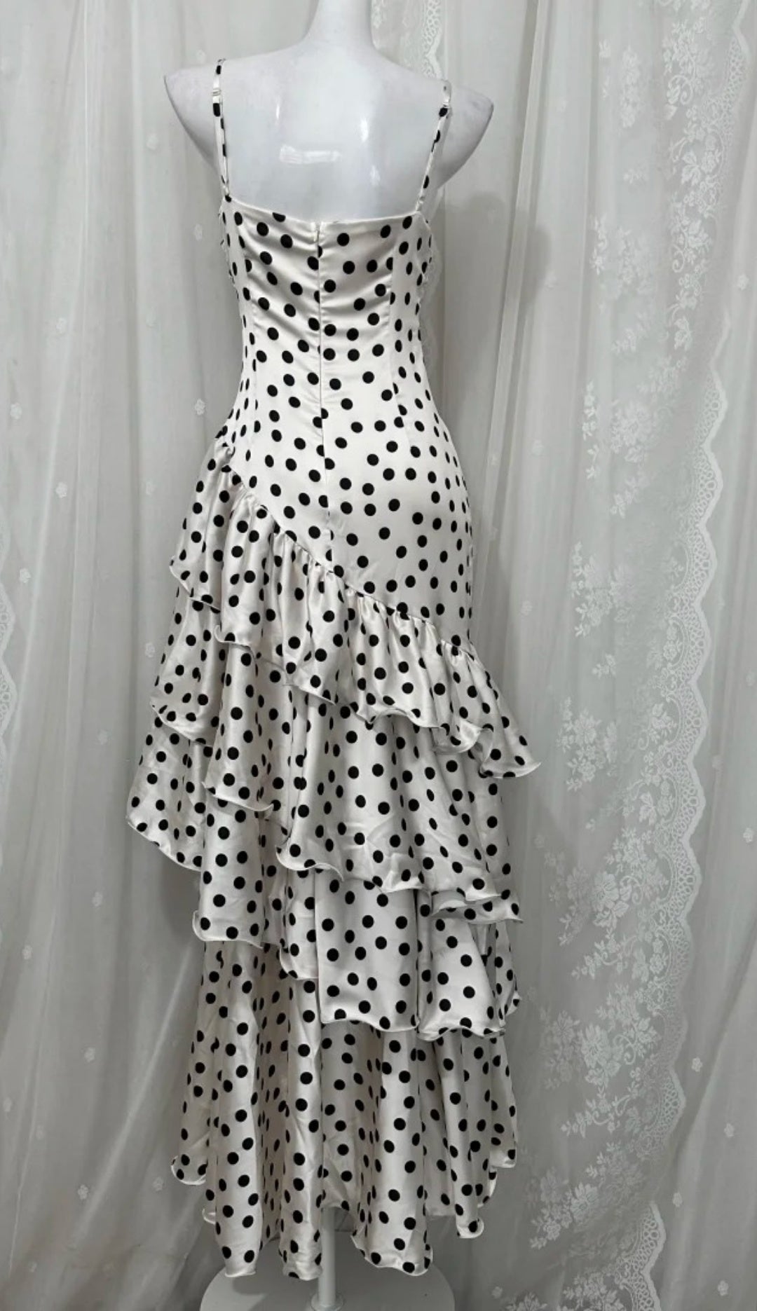 Chic Polka Dot Prom Dress Satin Spaghetti Straps Evening Dress Sheath Birthday Dress DP05200
