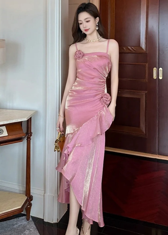 Elegantes rosafarbenes Satin-Etuikleid mit Spaghettiträgern, Abendkleid DP05202