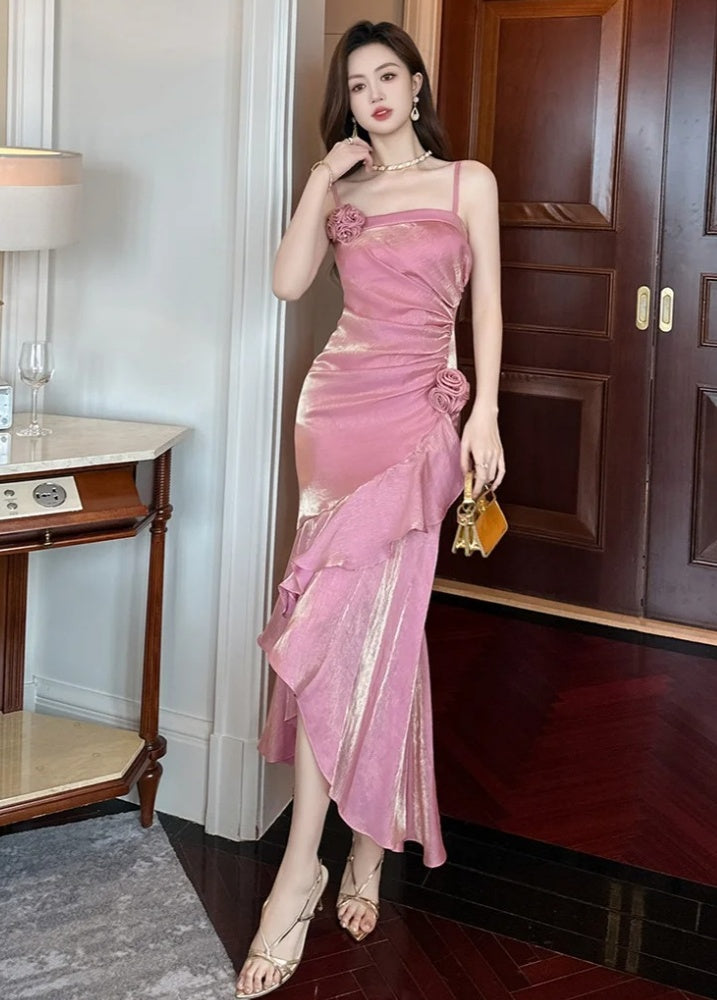 Elegantes rosafarbenes Satin-Etuikleid mit Spaghettiträgern, Abendkleid DP05202