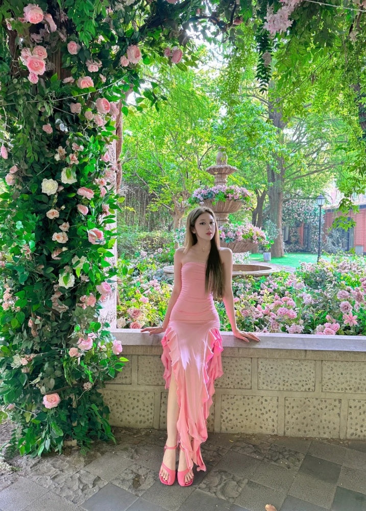 Robe de bal rose chic, fourreau, sans bretelles, robe de soirée, robe d'anniversaire sans manches DP05204