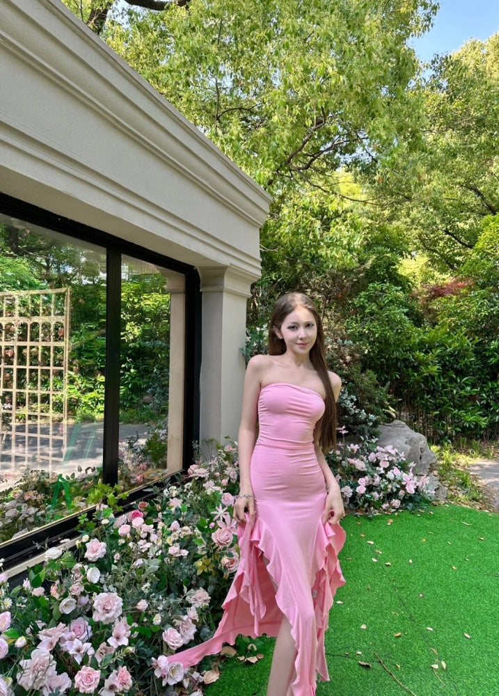 Robe de bal rose chic, fourreau, sans bretelles, robe de soirée, robe d'anniversaire sans manches DP05204