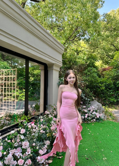 Robe de bal rose chic, fourreau, sans bretelles, robe de soirée, robe d'anniversaire sans manches DP05204