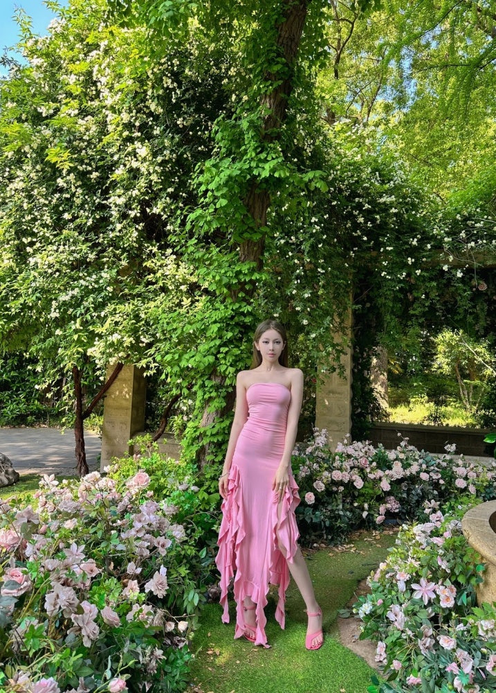 Robe de bal rose chic, fourreau, sans bretelles, robe de soirée, robe d'anniversaire sans manches DP05204
