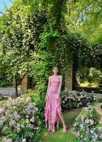 Robe de bal rose chic, fourreau, sans bretelles, robe de soirée, robe d'anniversaire sans manches DP05204