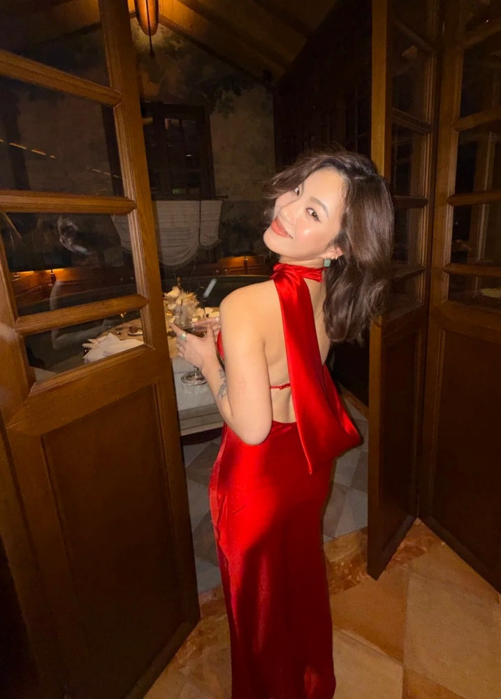 Chic Burgundy Prom Dress Satin Sheath Halter Evening Dress Sleeveless Birthday Dress DP05206