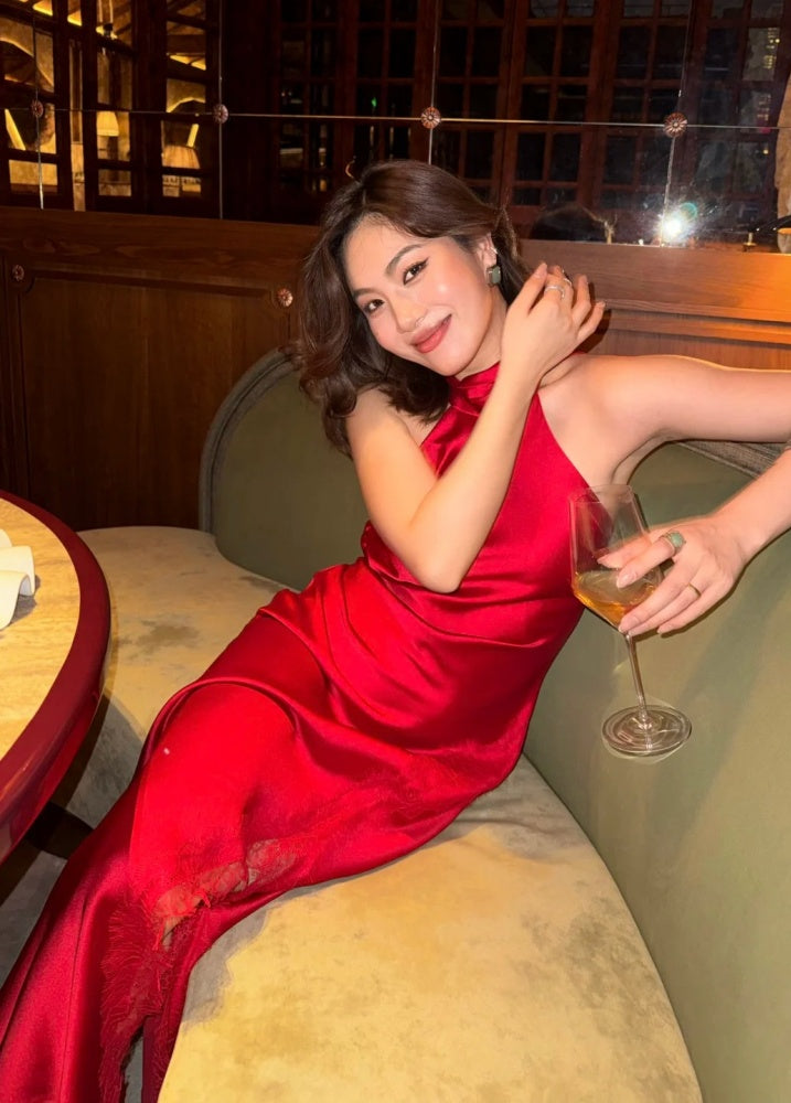 Chic Burgundy Prom Dress Satin Sheath Halter Evening Dress Sleeveless Birthday Dress DP05206
