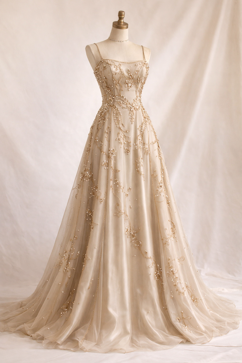 Chic Champagne Prom Dress Beaded Chiffon A-Line Strapless Evening Dress Sleeveless Birthday Dress DP05208