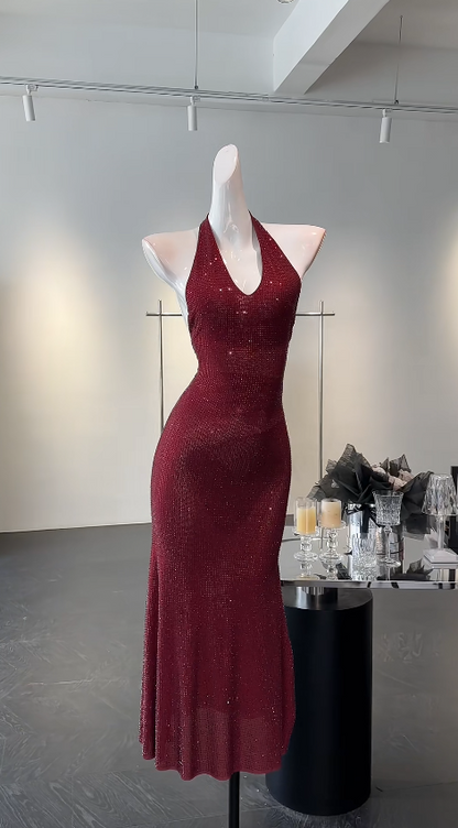 Elegantes rotes Pailletten-Etui-Abendkleid mit Neckholder, ärmellos, ideal für Geburtstage, DP05219