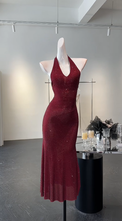 Elegantes rotes Pailletten-Etui-Abendkleid mit Neckholder, ärmellos, ideal für Geburtstage, DP05219