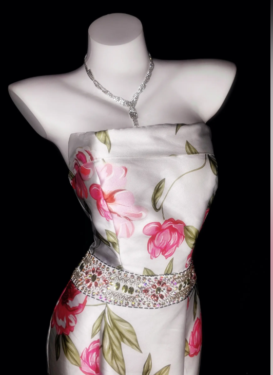 Elegantes trägerloses Ballkleid aus Satin mit Print im Meerjungfrauenstil, ärmelloses Geburtstagskleid DP05226