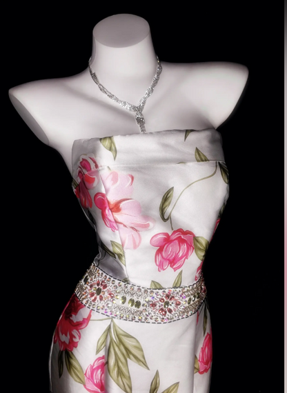 Elegantes trägerloses Ballkleid aus Satin mit Print im Meerjungfrauenstil, ärmelloses Geburtstagskleid DP05226