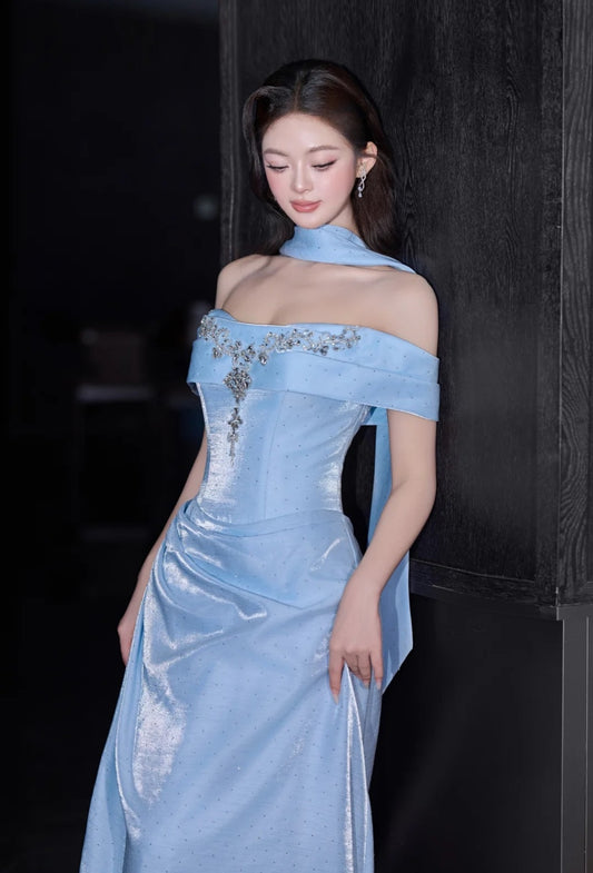 Classy Blue Prom Dress Satin Off-shoulder Sheath Evening Dress Sleeveless Birthday Dress ED05236