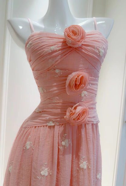 Robe de bal rose élégante à fines bretelles perlées, robe de soirée fourreau sans manches, robe d'anniversaire DP05237