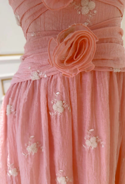 Robe de bal rose élégante à fines bretelles perlées, robe de soirée fourreau sans manches, robe d'anniversaire DP05237