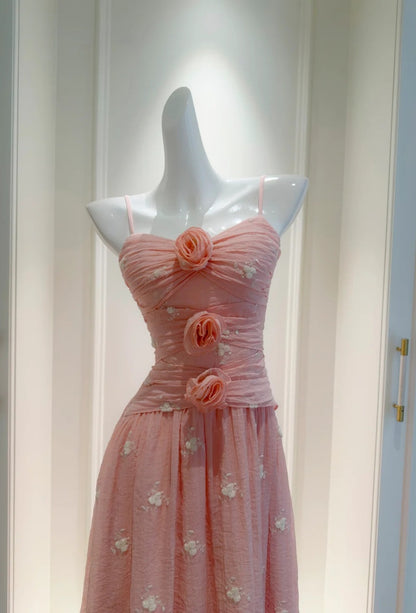 Robe de bal rose élégante à fines bretelles perlées, robe de soirée fourreau sans manches, robe d'anniversaire DP05237