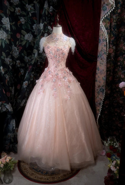 Robe de bal rose élégante en tulle et sequins, col montant, coupe trapèze, sans manches, idéale pour un anniversaire (ED05240)