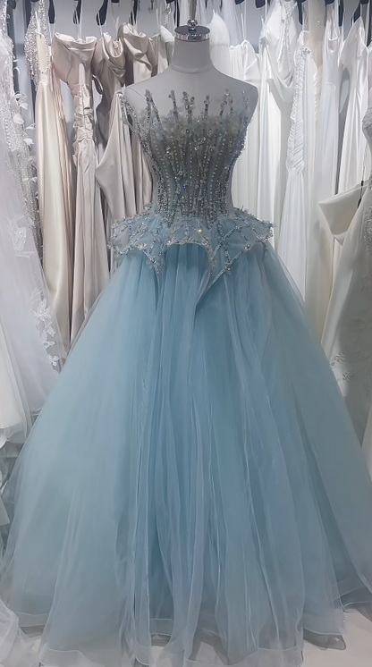 Robe de bal bleue chic en tulle, sans bretelles, coupe trapèze, robe de soirée sans manches, robe d'anniversaire DP05244