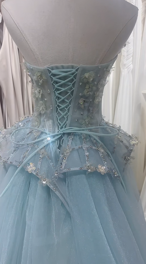 Robe de bal bleue chic en tulle, sans bretelles, coupe trapèze, robe de soirée sans manches, robe d'anniversaire DP05244