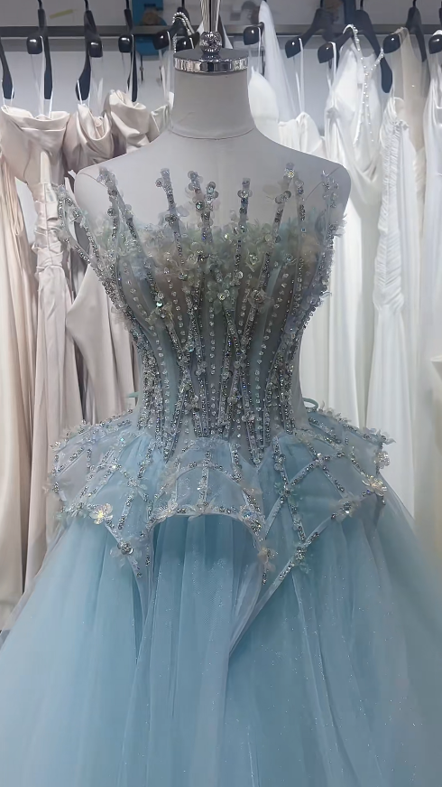 Robe de bal bleue chic en tulle, sans bretelles, coupe trapèze, robe de soirée sans manches, robe d'anniversaire DP05244