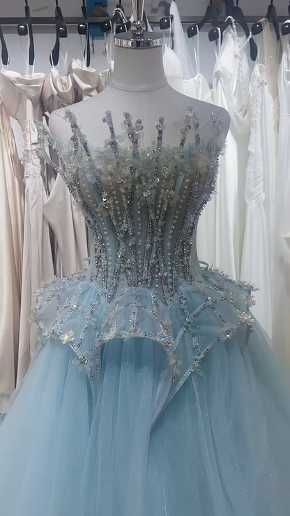 Robe de bal bleue chic en tulle, sans bretelles, coupe trapèze, robe de soirée sans manches, robe d'anniversaire DP05244