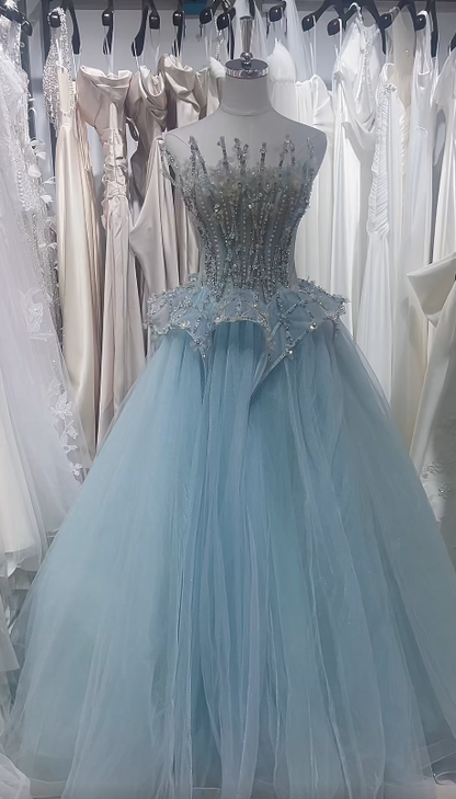 Robe de bal bleue chic en tulle, sans bretelles, coupe trapèze, robe de soirée sans manches, robe d'anniversaire DP05244