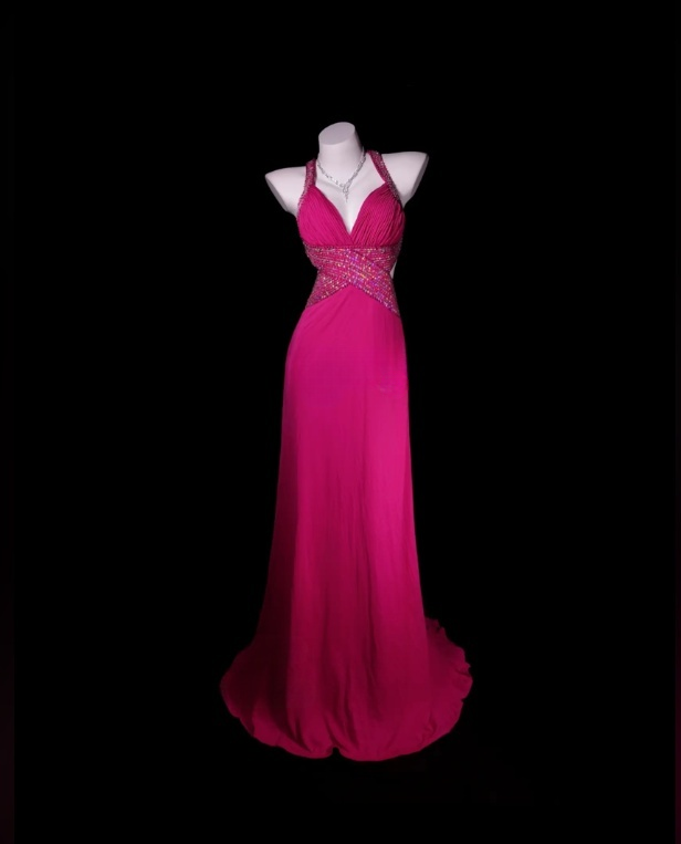 Robe de bal rose fuchsia chic en mousseline perlée à col en V, robe de soirée fourreau sans manches, robe d'anniversaire DP05246