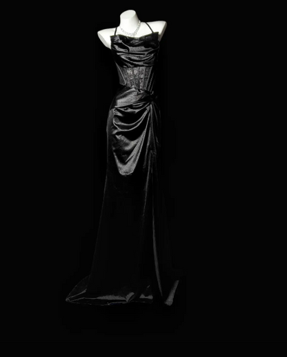 Chic Black Prom Dress Satin Spaghetti Straps Sheath Evening Dress Sleeveless Birthday Dress DP05248