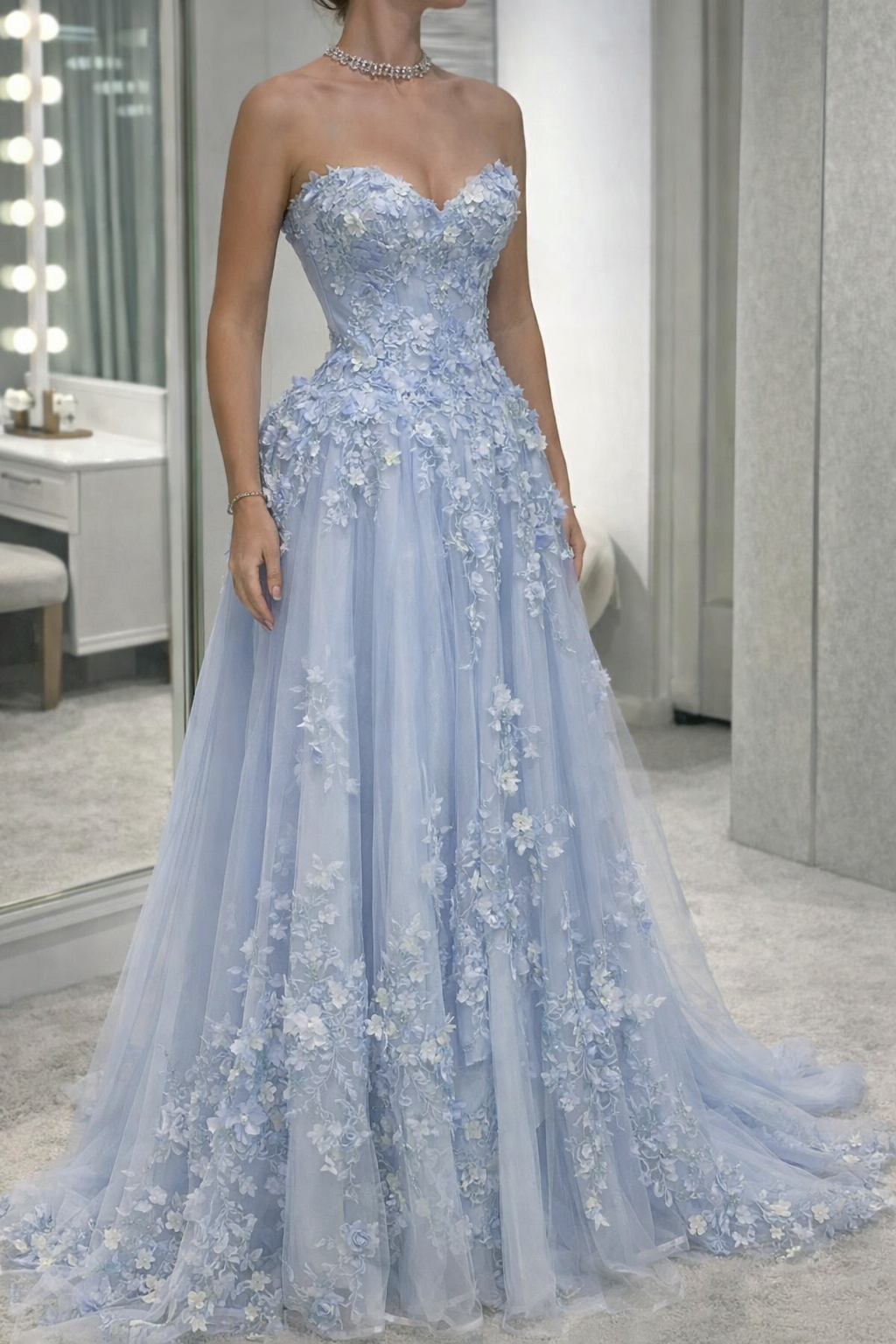 Robe de bal bleue élégante à décolleté cœur, en tulle appliqué, coupe trapèze, robe de soirée d'anniversaire DP05256
