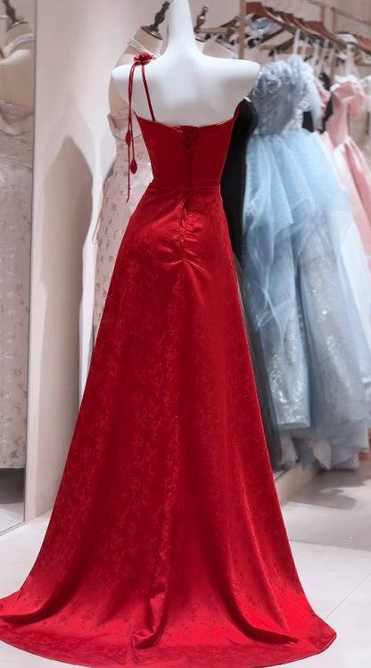Robe de bal élégante bordeaux en satin, robe fourreau asymétrique sans manches, robe de soirée, robe d'anniversaire DP05257