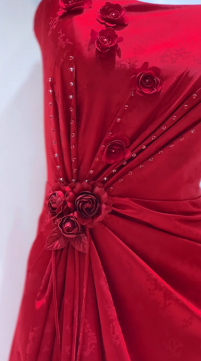 Robe de bal élégante bordeaux en satin, robe fourreau asymétrique sans manches, robe de soirée, robe d'anniversaire DP05257