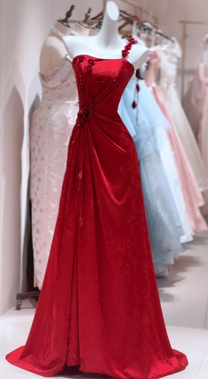 Robe de bal élégante bordeaux en satin, robe fourreau asymétrique sans manches, robe de soirée, robe d'anniversaire DP05257