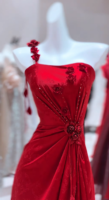 Robe de bal élégante bordeaux en satin, robe fourreau asymétrique sans manches, robe de soirée, robe d'anniversaire DP05257