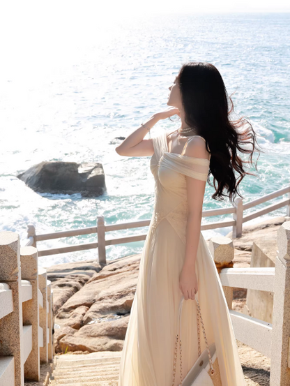Märchenhaftes aprikosenfarbenes Chiffon-Abendkleid mit Spaghettiträgern und A-Linie, Geburtstagskleid DP05261