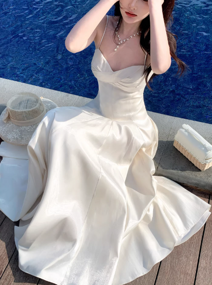 Elegantes weißes Satin-Abendkleid mit Spaghettiträgern, A-Linie, langes Modell DP05265