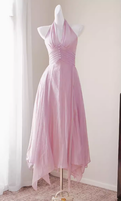 Elegantes rosa Tüll-Abendkleid mit Neckholder, A-Linie, langes Modell DP05266