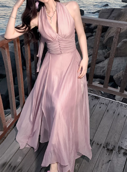 Elegantes rosa Tüll-Abendkleid mit Neckholder, A-Linie, langes Modell DP05266